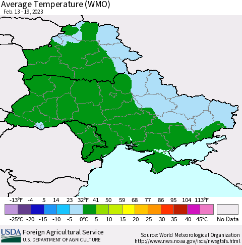 Ukraine, Moldova and Belarus Average Temperature (WMO) Thematic Map For 2/13/2023 - 2/19/2023