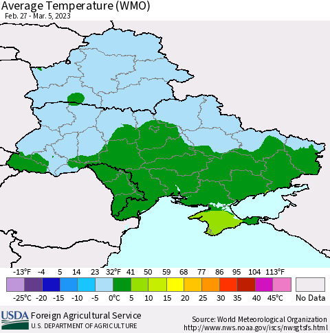Ukraine, Moldova and Belarus Average Temperature (WMO) Thematic Map For 2/27/2023 - 3/5/2023