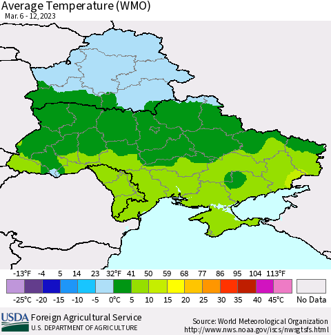 Ukraine, Moldova and Belarus Average Temperature (WMO) Thematic Map For 3/6/2023 - 3/12/2023