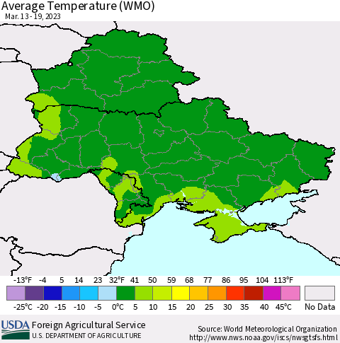 Ukraine, Moldova and Belarus Average Temperature (WMO) Thematic Map For 3/13/2023 - 3/19/2023