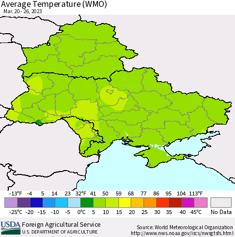 Ukraine, Moldova and Belarus Average Temperature (WMO) Thematic Map For 3/20/2023 - 3/26/2023