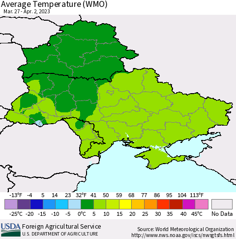 Ukraine, Moldova and Belarus Average Temperature (WMO) Thematic Map For 3/27/2023 - 4/2/2023