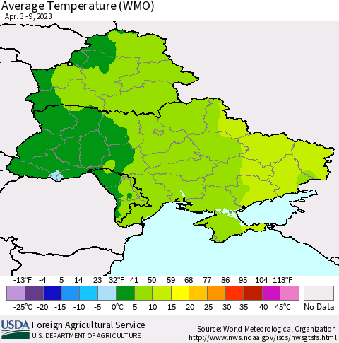Ukraine, Moldova and Belarus Average Temperature (WMO) Thematic Map For 4/3/2023 - 4/9/2023