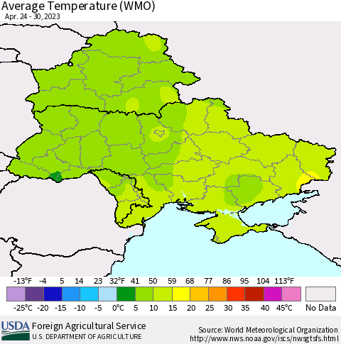 Ukraine, Moldova and Belarus Average Temperature (WMO) Thematic Map For 4/24/2023 - 4/30/2023
