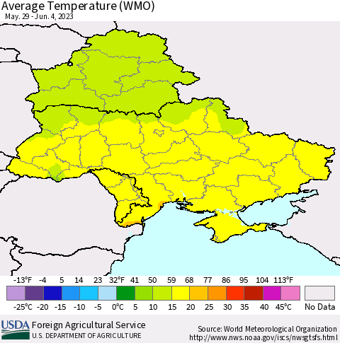 Ukraine, Moldova and Belarus Average Temperature (WMO) Thematic Map For 5/29/2023 - 6/4/2023
