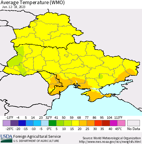 Ukraine, Moldova and Belarus Average Temperature (WMO) Thematic Map For 6/12/2023 - 6/18/2023