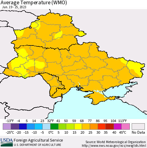 Ukraine, Moldova and Belarus Average Temperature (WMO) Thematic Map For 6/19/2023 - 6/25/2023