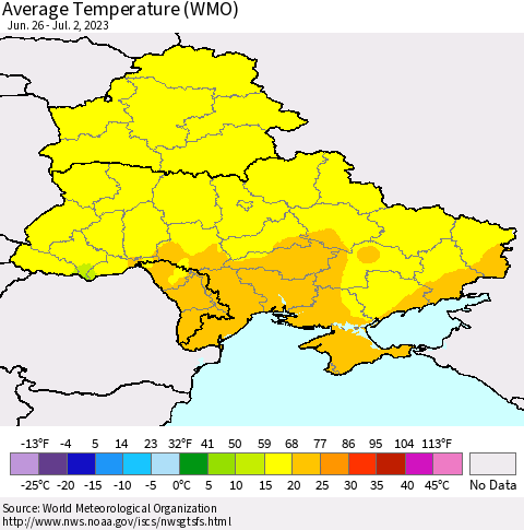 Ukraine, Moldova and Belarus Average Temperature (WMO) Thematic Map For 6/26/2023 - 7/2/2023