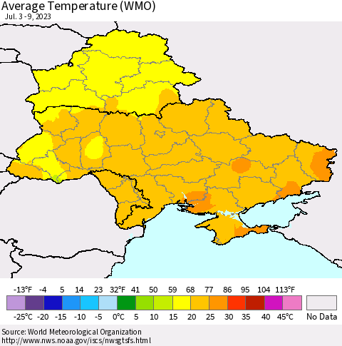 Ukraine, Moldova and Belarus Average Temperature (WMO) Thematic Map For 7/3/2023 - 7/9/2023