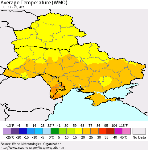 Ukraine, Moldova and Belarus Average Temperature (WMO) Thematic Map For 7/17/2023 - 7/23/2023