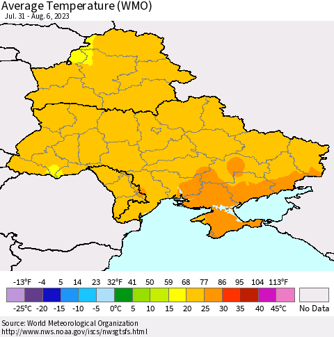 Ukraine, Moldova and Belarus Average Temperature (WMO) Thematic Map For 7/31/2023 - 8/6/2023