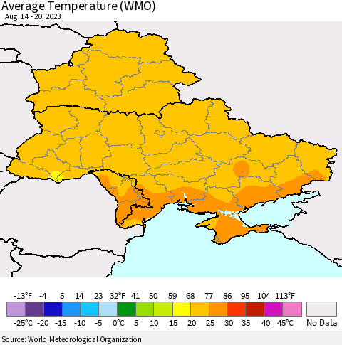 Ukraine, Moldova and Belarus Average Temperature (WMO) Thematic Map For 8/14/2023 - 8/20/2023