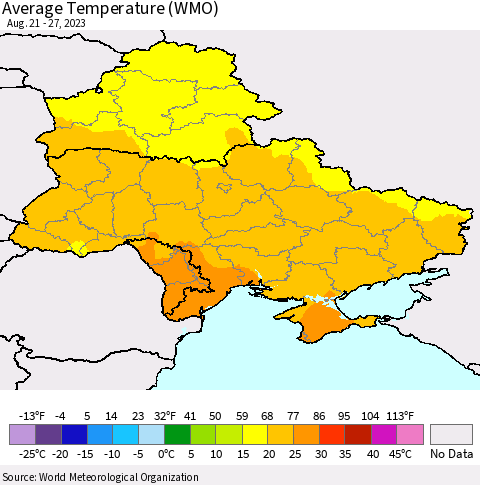 Ukraine, Moldova and Belarus Average Temperature (WMO) Thematic Map For 8/21/2023 - 8/27/2023