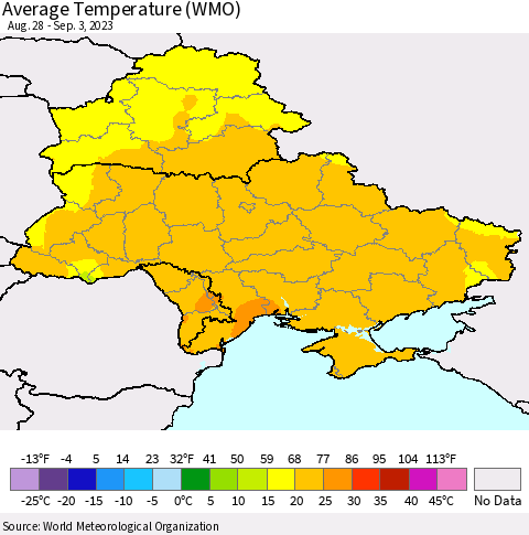 Ukraine, Moldova and Belarus Average Temperature (WMO) Thematic Map For 8/28/2023 - 9/3/2023