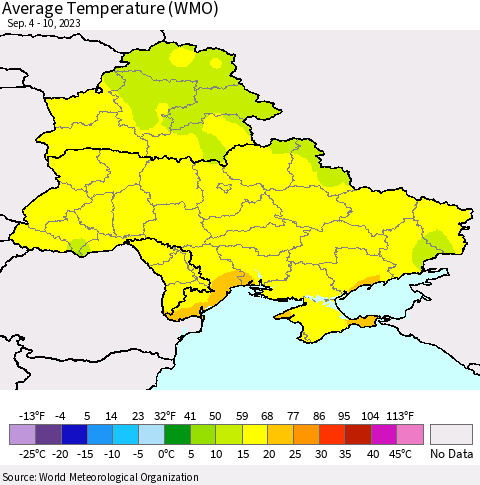 Ukraine, Moldova and Belarus Average Temperature (WMO) Thematic Map For 9/4/2023 - 9/10/2023