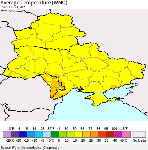 Ukraine, Moldova and Belarus Average Temperature (WMO) Thematic Map For 9/18/2023 - 9/24/2023