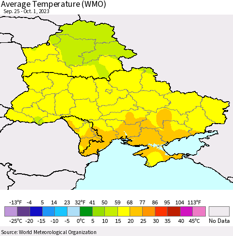 Ukraine, Moldova and Belarus Average Temperature (WMO) Thematic Map For 9/25/2023 - 10/1/2023
