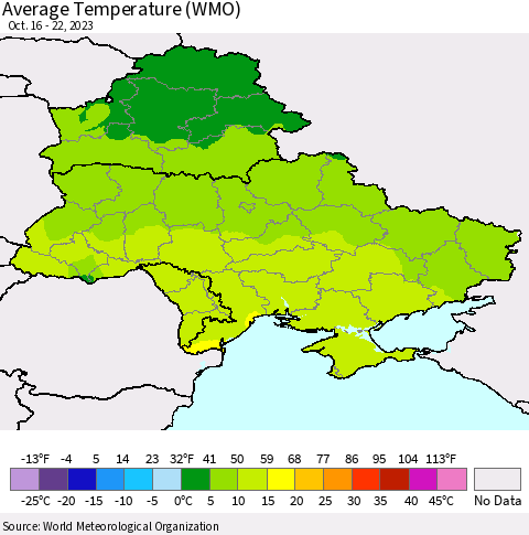 Ukraine, Moldova and Belarus Average Temperature (WMO) Thematic Map For 10/16/2023 - 10/22/2023