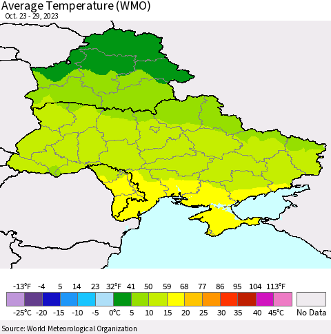 Ukraine, Moldova and Belarus Average Temperature (WMO) Thematic Map For 10/23/2023 - 10/29/2023