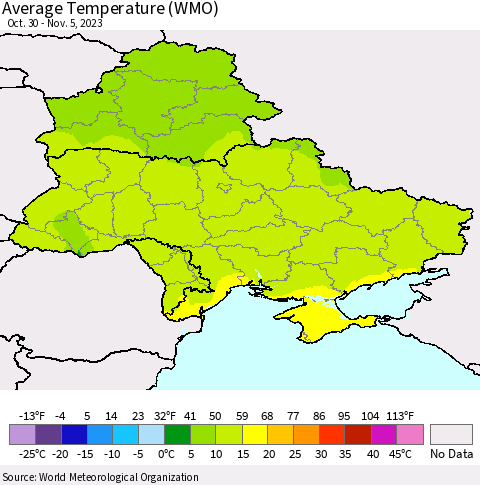 Ukraine, Moldova and Belarus Average Temperature (WMO) Thematic Map For 10/30/2023 - 11/5/2023