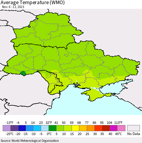 Ukraine, Moldova and Belarus Average Temperature (WMO) Thematic Map For 11/6/2023 - 11/12/2023