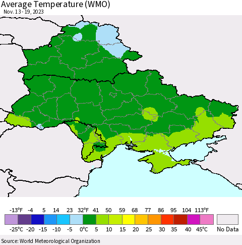 Ukraine, Moldova and Belarus Average Temperature (WMO) Thematic Map For 11/13/2023 - 11/19/2023