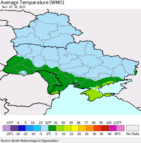 Ukraine, Moldova and Belarus Average Temperature (WMO) Thematic Map For 11/20/2023 - 11/26/2023