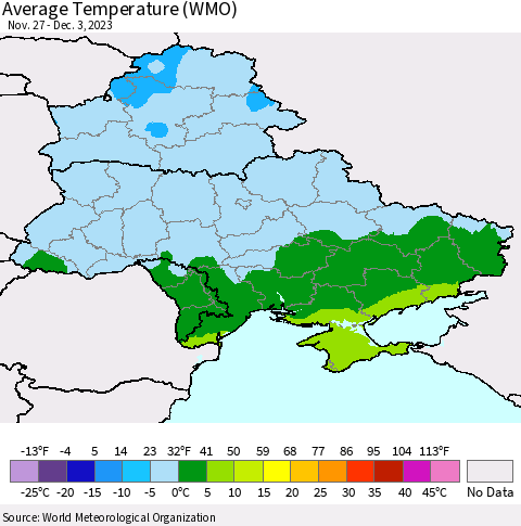 Ukraine, Moldova and Belarus Average Temperature (WMO) Thematic Map For 11/27/2023 - 12/3/2023