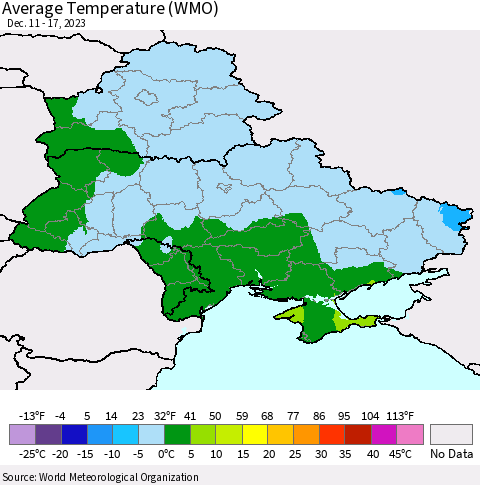 Ukraine, Moldova and Belarus Average Temperature (WMO) Thematic Map For 12/11/2023 - 12/17/2023