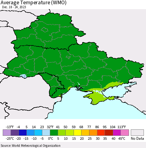 Ukraine, Moldova and Belarus Average Temperature (WMO) Thematic Map For 12/18/2023 - 12/24/2023