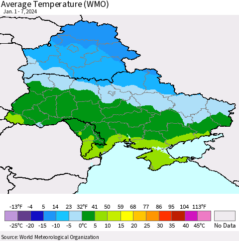 Ukraine, Moldova and Belarus Average Temperature (WMO) Thematic Map For 1/1/2024 - 1/7/2024