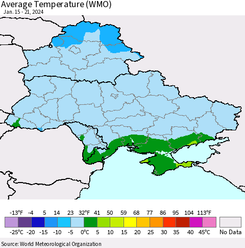Ukraine, Moldova and Belarus Average Temperature (WMO) Thematic Map For 1/15/2024 - 1/21/2024