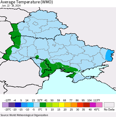 Ukraine, Moldova and Belarus Average Temperature (WMO) Thematic Map For 1/22/2024 - 1/28/2024