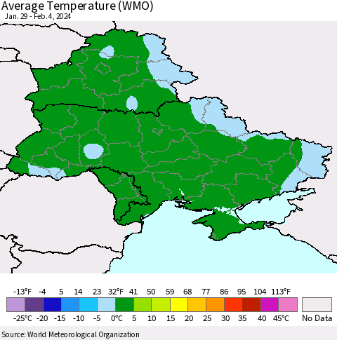Ukraine, Moldova and Belarus Average Temperature (WMO) Thematic Map For 1/29/2024 - 2/4/2024