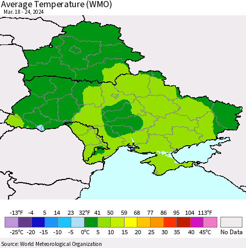 Ukraine, Moldova and Belarus Average Temperature (WMO) Thematic Map For 3/18/2024 - 3/24/2024