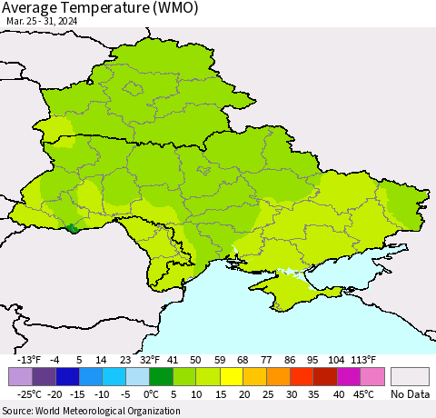 Ukraine, Moldova and Belarus Average Temperature (WMO) Thematic Map For 3/25/2024 - 3/31/2024