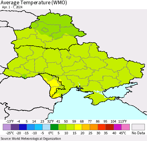 Ukraine, Moldova and Belarus Average Temperature (WMO) Thematic Map For 4/1/2024 - 4/7/2024
