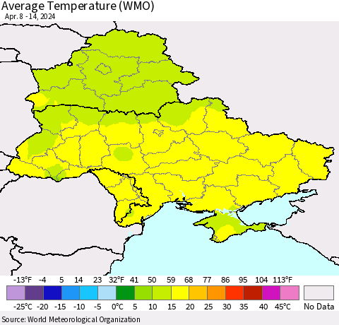 Ukraine, Moldova and Belarus Average Temperature (WMO) Thematic Map For 4/8/2024 - 4/14/2024