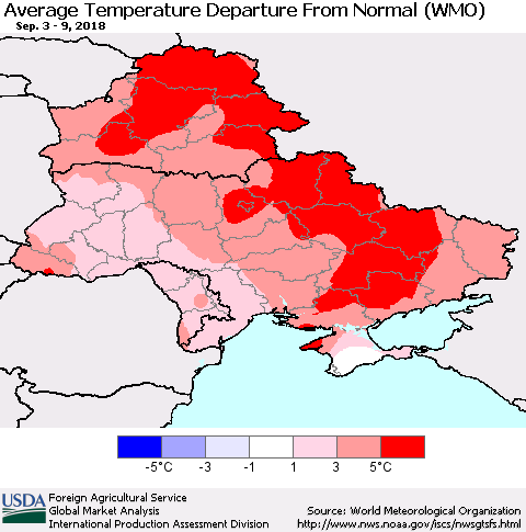 Ukraine, Moldova and Belarus Average Temperature Departure From Normal (WMO) Thematic Map For 9/3/2018 - 9/9/2018