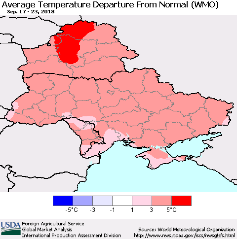 Ukraine, Moldova and Belarus Average Temperature Departure From Normal (WMO) Thematic Map For 9/17/2018 - 9/23/2018