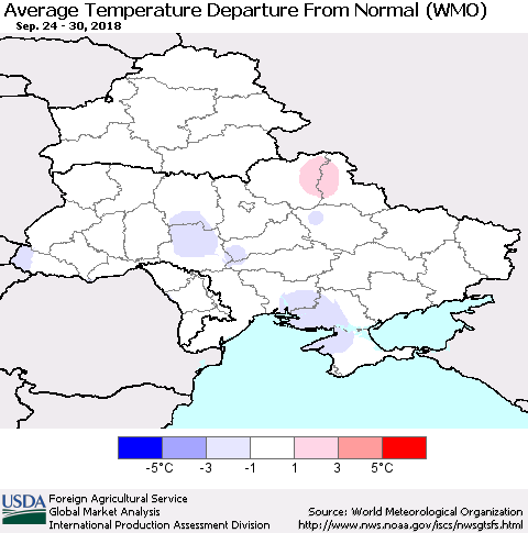 Ukraine, Moldova and Belarus Average Temperature Departure From Normal (WMO) Thematic Map For 9/24/2018 - 9/30/2018
