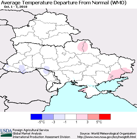 Ukraine, Moldova and Belarus Average Temperature Departure From Normal (WMO) Thematic Map For 10/1/2018 - 10/7/2018