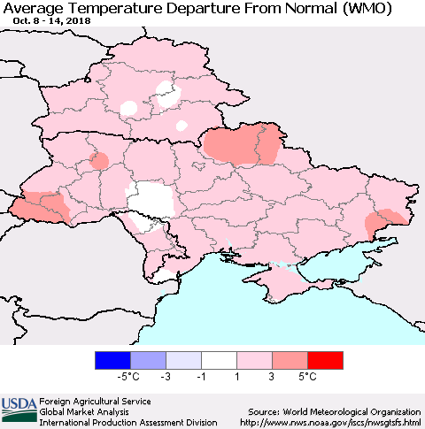 Ukraine, Moldova and Belarus Average Temperature Departure From Normal (WMO) Thematic Map For 10/8/2018 - 10/14/2018