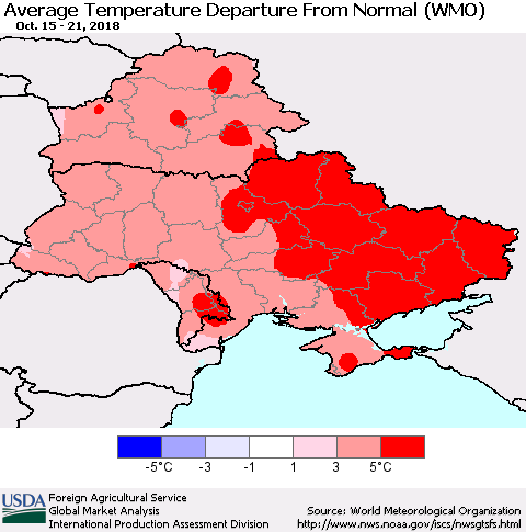 Ukraine, Moldova and Belarus Average Temperature Departure From Normal (WMO) Thematic Map For 10/15/2018 - 10/21/2018