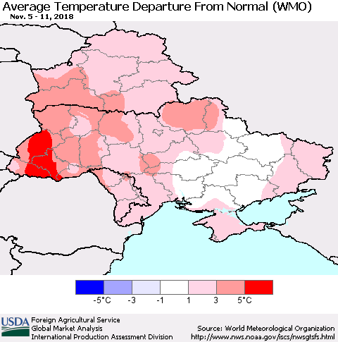 Ukraine, Moldova and Belarus Average Temperature Departure From Normal (WMO) Thematic Map For 11/5/2018 - 11/11/2018