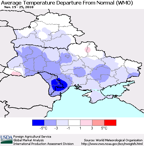 Ukraine, Moldova and Belarus Average Temperature Departure From Normal (WMO) Thematic Map For 11/19/2018 - 11/25/2018