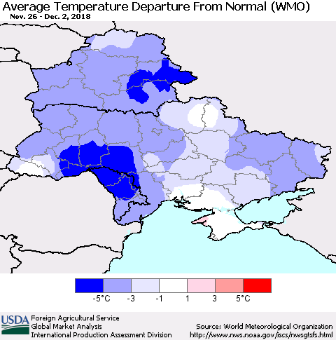 Ukraine, Moldova and Belarus Average Temperature Departure From Normal (WMO) Thematic Map For 11/26/2018 - 12/2/2018