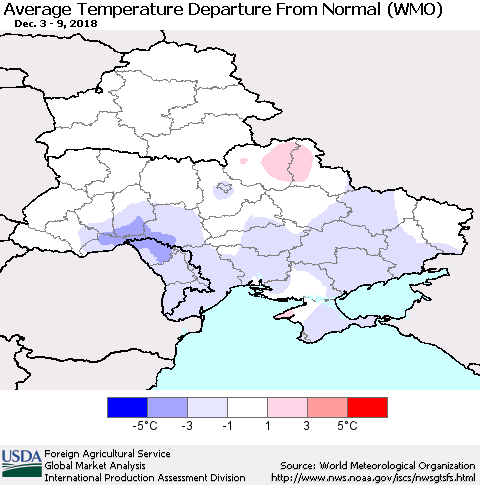 Ukraine, Moldova and Belarus Average Temperature Departure From Normal (WMO) Thematic Map For 12/3/2018 - 12/9/2018