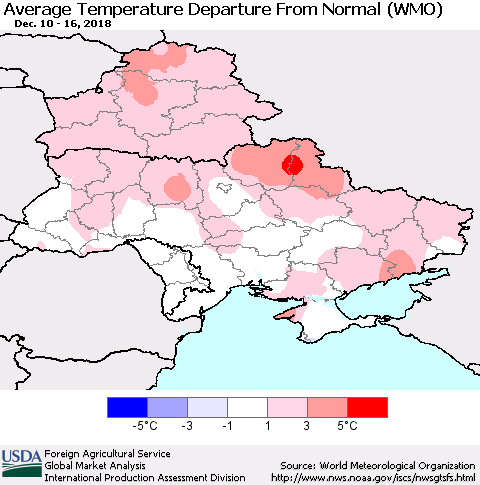 Ukraine, Moldova and Belarus Average Temperature Departure From Normal (WMO) Thematic Map For 12/10/2018 - 12/16/2018