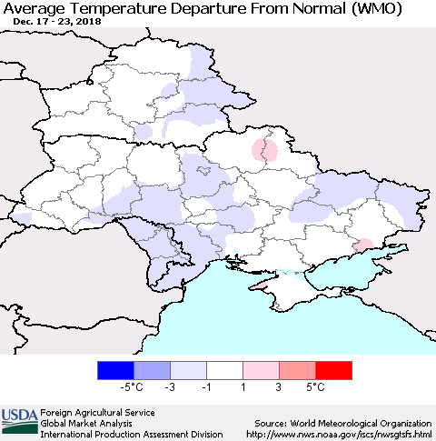 Ukraine, Moldova and Belarus Average Temperature Departure From Normal (WMO) Thematic Map For 12/17/2018 - 12/23/2018